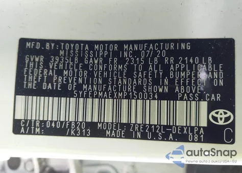 2021 Toyota Corolla Le из США, поврежденный, VIN 5YFEPMAEXMP150034